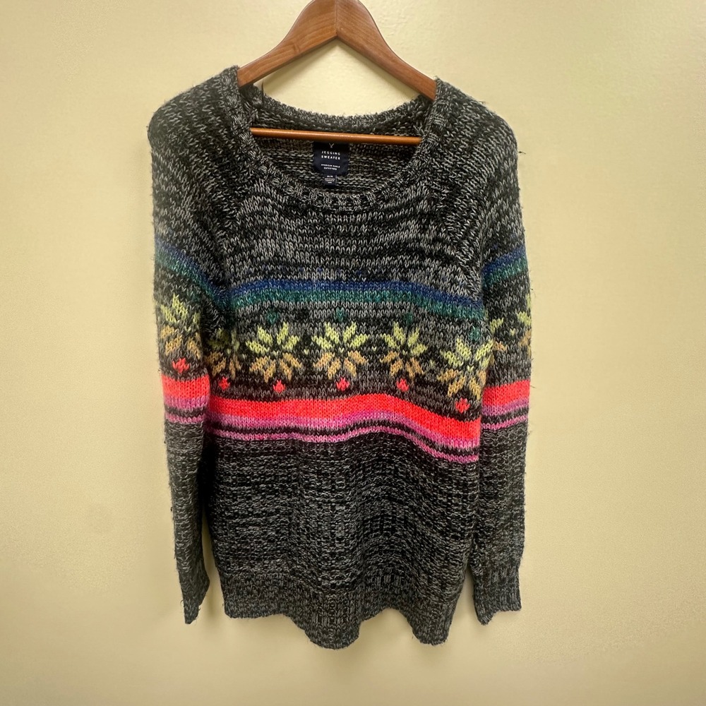 American Eagle Jegging Sweater Neon Fair Isle Wool Mohair Gray Marl Medium